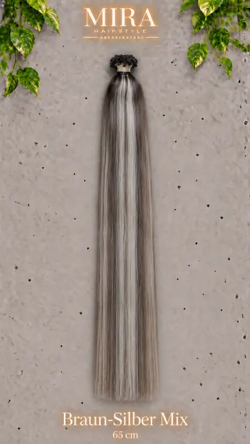 Echthaar Extensions in Braun-Silber Mix, 65 cm, glatt