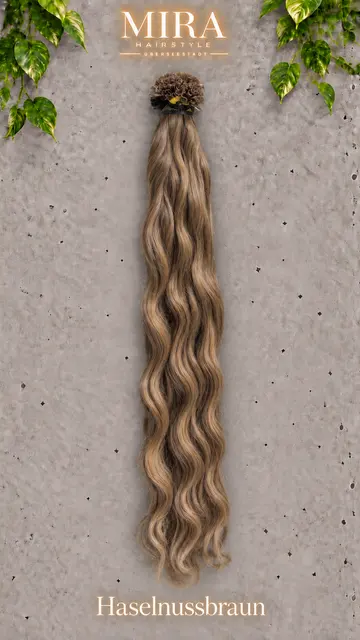 Echthaar Extensions in Haselnussbraun, 65 cm, wellig